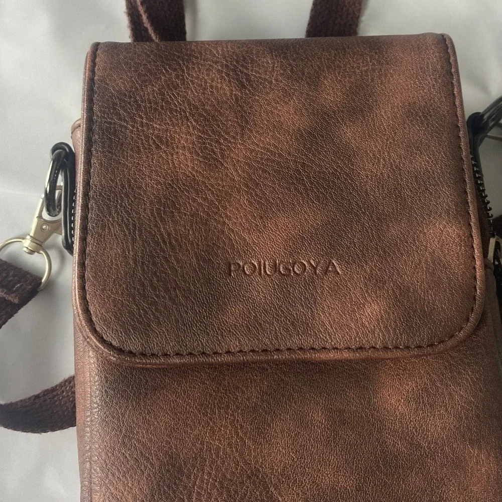 POLUOYA Brown Crossbody Phone Bag Mini Shoulder Purse Wallet Travel Pouch